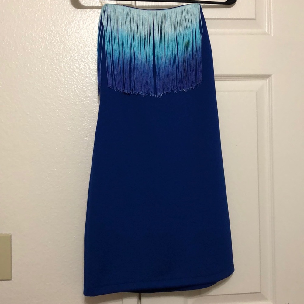 Blue ombré fringe strapless dress